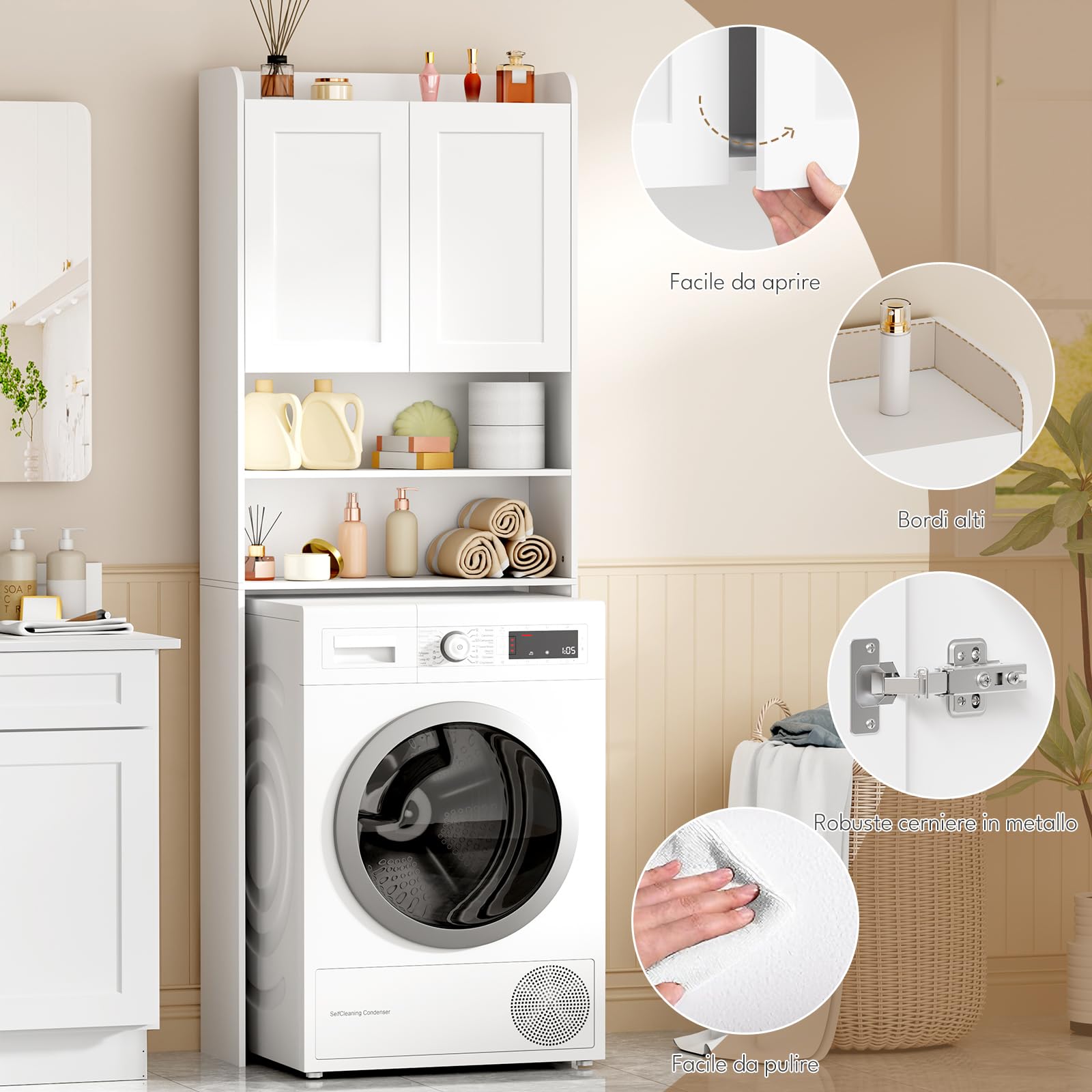 BEWISHOME Mobile per Lavatrice,Mobile Alto da Bagno da Installare Sopra Lavatrice,WC o Asciugatrice,con 2 Ante,2 Vani Aperti,Ripiani Regolabili,Mobile da Bagno salvaspazio,185×65×24 cm,Bianco EYYG19W