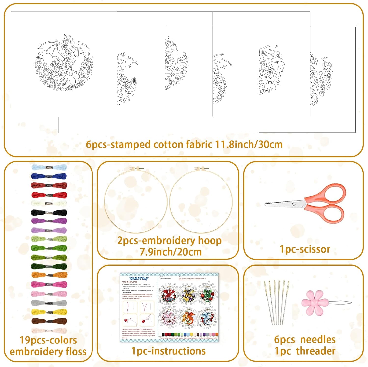 BEUNITONE 6 Sets Embroidery Kits for Beginners with Dragon and Flowers Patterns, DIY Craft Kits for Adults Include Embroidery Hoops and Instructions, Needlepoint Kits for Craft Lover and Home Decor