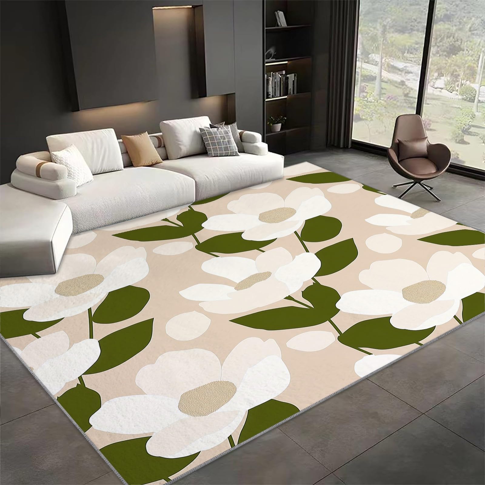 Tapis salon lavable 120x180cm fleurs beiges style moderne