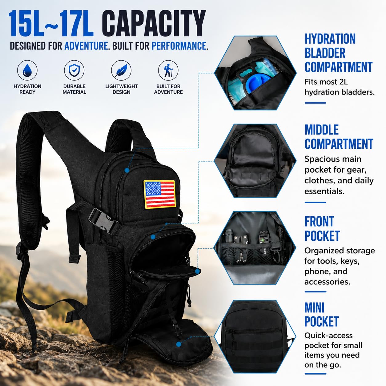 Zavothy Sac à Dos d'hydratation avec vessie d'hydratation 2L, Sac à Dos d'eau, Sac à Dos de Sport, pour la Course à Pied, Le Cyclisme, Le Ski, la Randonnée, l'escalade et Le Camping, Noir