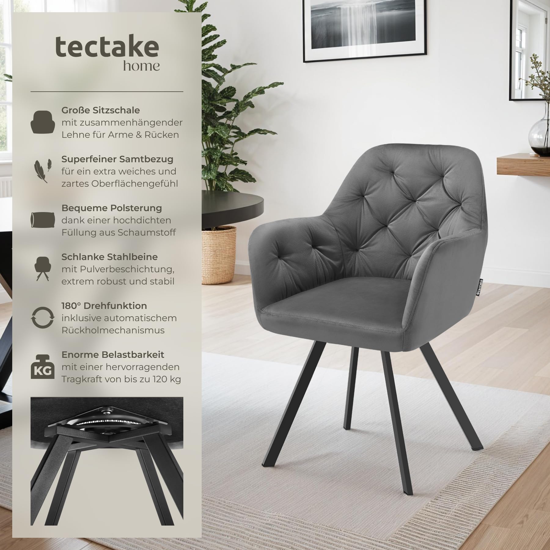 tectake® Esszimmerstuhl drehbar mit Armlehne, Samtstoff Drehstuhl ergonomisch, Möbel für Wohnzimmer, Stühle für Dining Lounge, Office, als Schminkstuhl oder Schreibtischstuhl - anthrazit