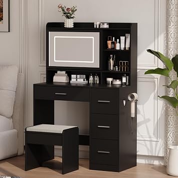 Viaozutis Vanity Desk with a Mirror and Lights,with Chair and Four Drawers, Three Adjustable Lighting Modes,with Power Outlet and Sliding LED Mirror,Bedroom Vanity Desk Black