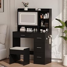 Viaozutis Vanity Desk with a Mirror and Lights,with Chair and Four Drawers, Three Adjustable Lighting Modes,with Power Outlet and Sliding LED Mirror,Bedroom Vanity Desk Black