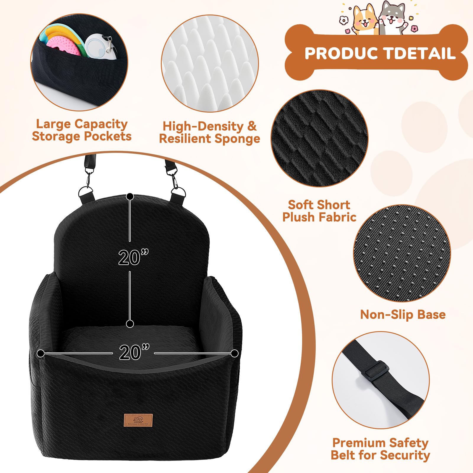 Dog Car Seat for Medium/Small Dogs, Dog Booster Car Seat, Pet Booster Seats Up to 40lbs with Waterproof Layer, 3 Storage Pockets and Safety Belt (Black) - image 8