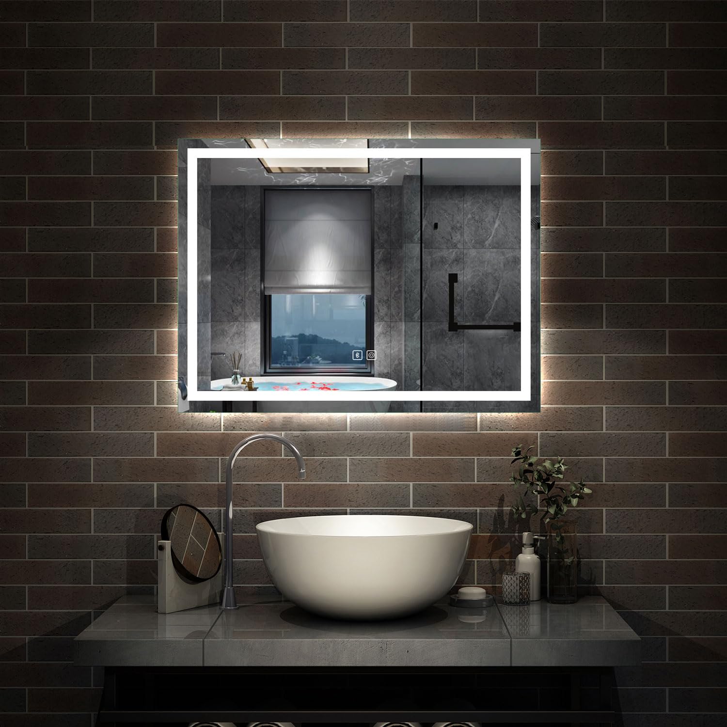 Bluetooth LED Bathroom Mirror with Shaver Socket, 3 Colours Lights Dimmable, 800x600 mm Illuminated Bathroom Vanity Mirror, Demister, Wall Switch Touch Switch Smart Mirrors Horizontal Vertical