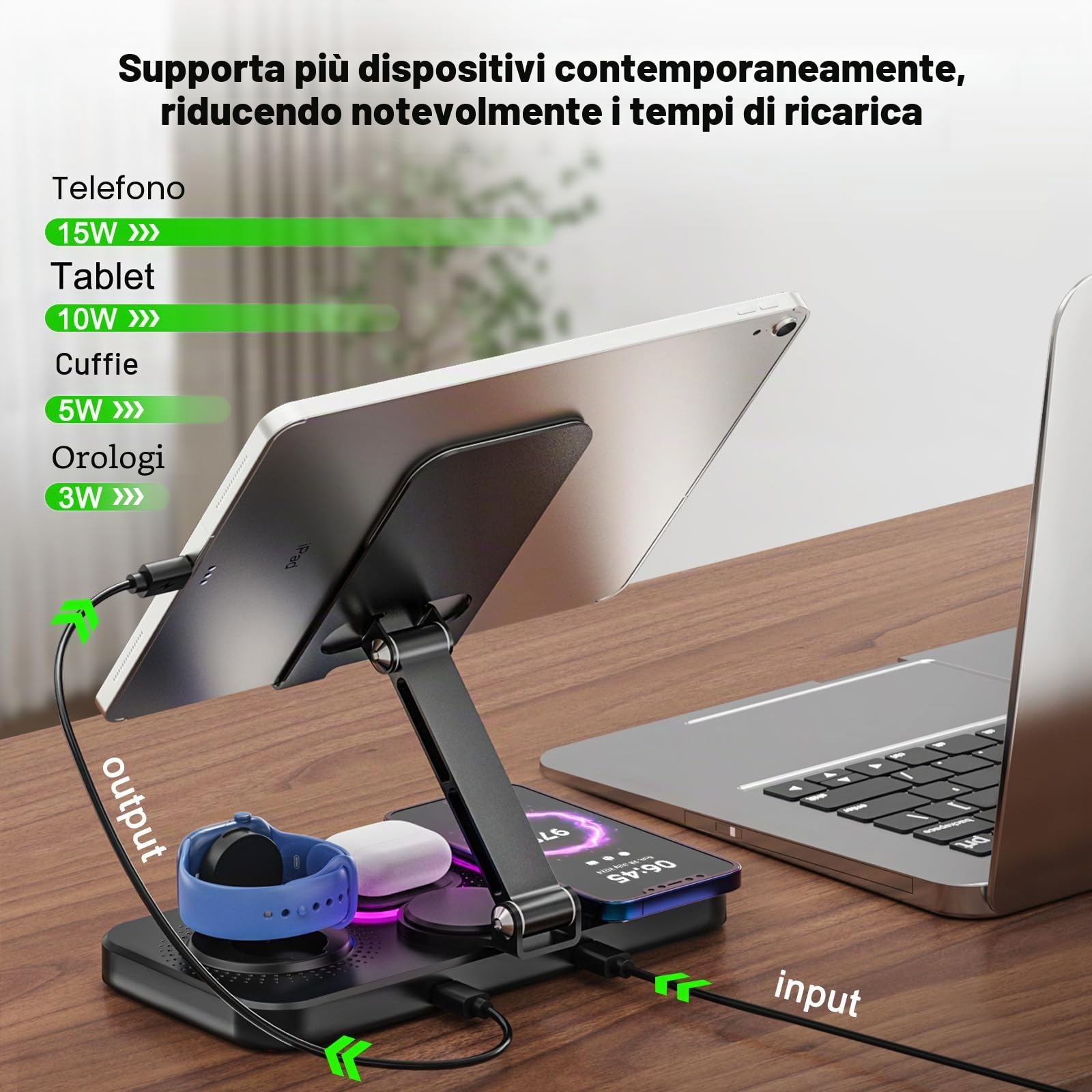 4 in 1 Stazione di Ricarica per iPhone, Supporto da Tavolo per Tablet con Caricatore Wireless, Ricarica Wireless per iPhone 16/15/14/13/12, iWatch, Auriculares | Supporto da tavolo regolabile per tablet con luce notturna a LED per iPad Pro Air Mini, table