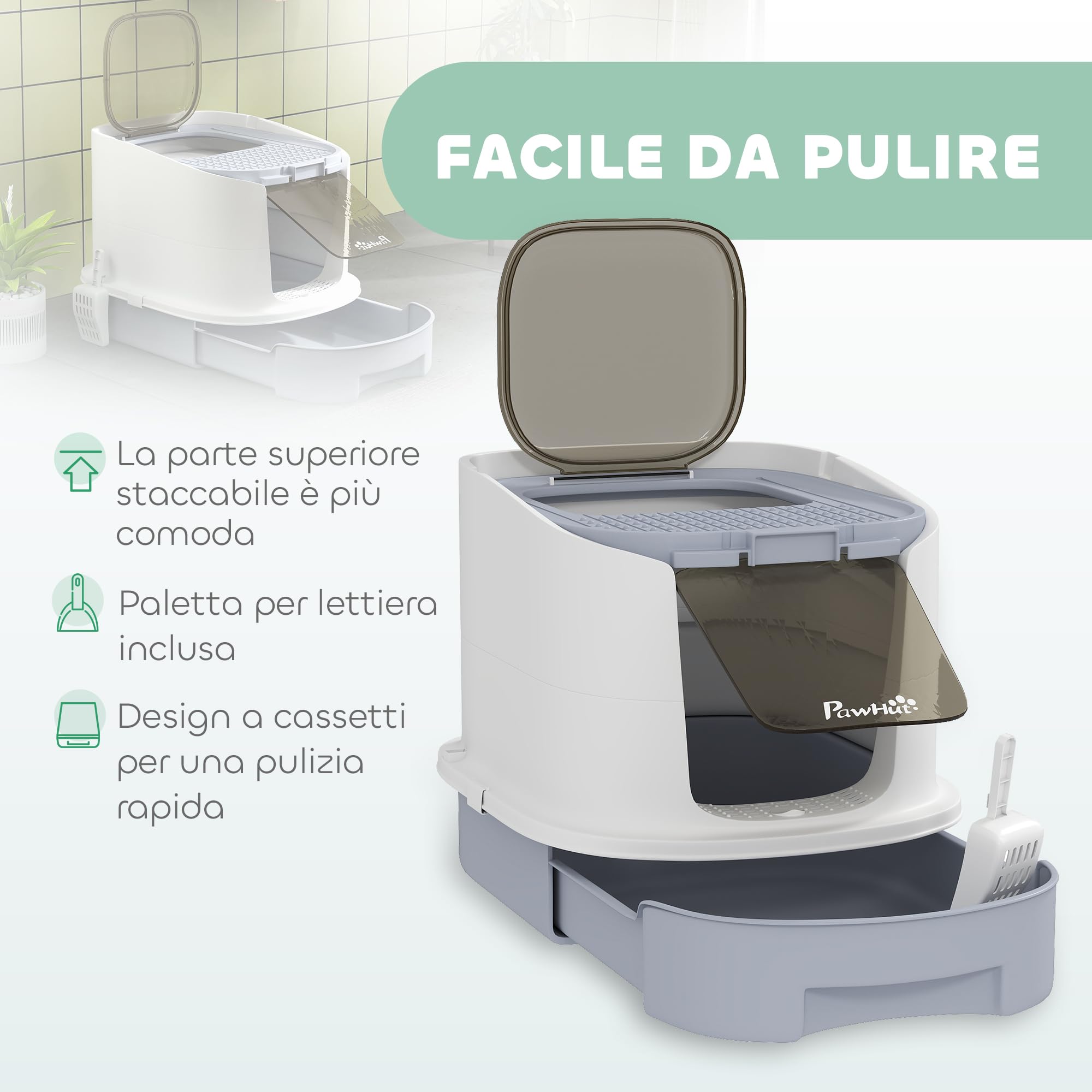 PawHut Lettiera per Gattini Chiusa con 2 Porte, Vassoio Estraibile, Paletta e Deodorante, Lettiera per Gatti in PP, 40.5x52.5x42.5 cm, Grigio