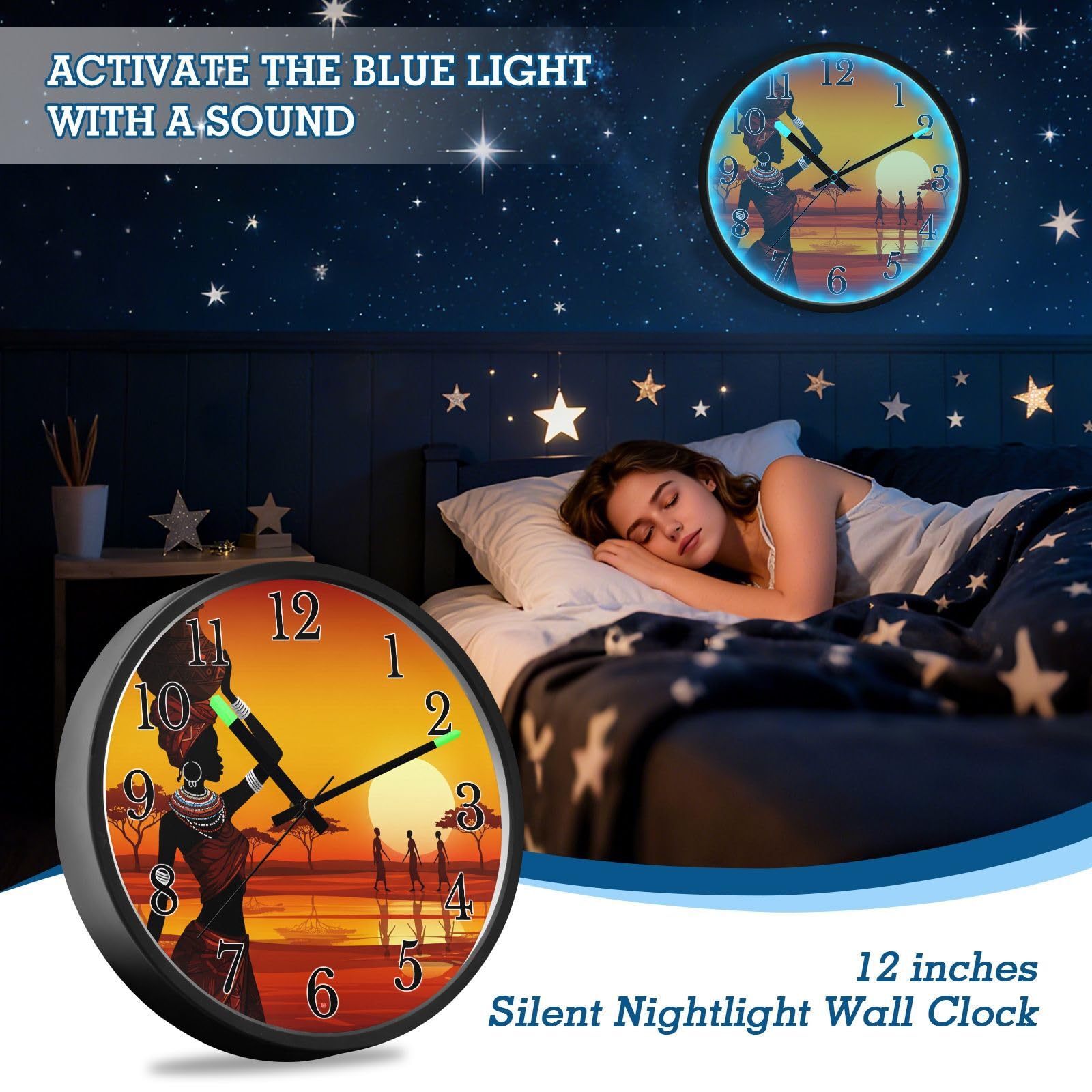 Mnsruu Reloj de pared luminoso, reloj de pared con diseño de tribu africana que brilla en la oscuridad, funciona con pilas, silencioso, sin tictac, luz nocturna para dormitorio
