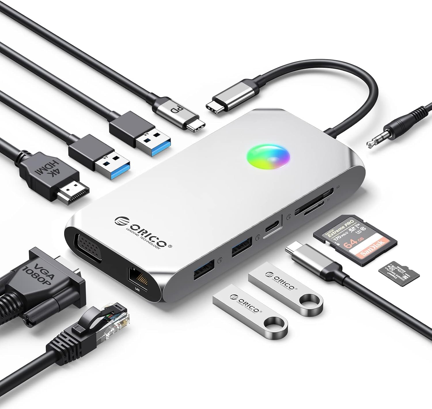 Station d'accueil USB C, ORICO 12 en 1 Hub USB C RVB, Adaptateur USB C avec HDMI 4K, 100W PD, RJ45, 4 Ports USB 3.0, Lecteur de Carte SD et microSD, 1080P VGA (Argent, avec RVB)