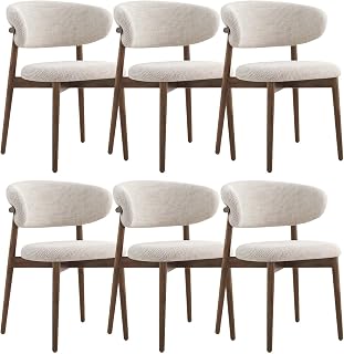 Kitchen Chairs, Solid Wood Kitchen Chairs with Linen Cushion and Curved Backrest, Upholstered Chair for Kitchen, Bedroom, Restaurant 6 Pieces