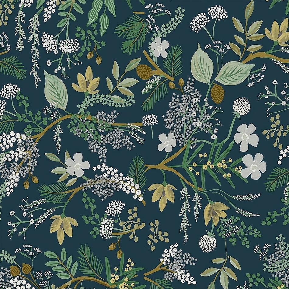 MuralPeel Vintage Blue Green Navy Leaf White Wildflower Plants Botanical Peel and Stick Wallpaper Easy Peel Off Self Adhesive Removable Stick on Wall