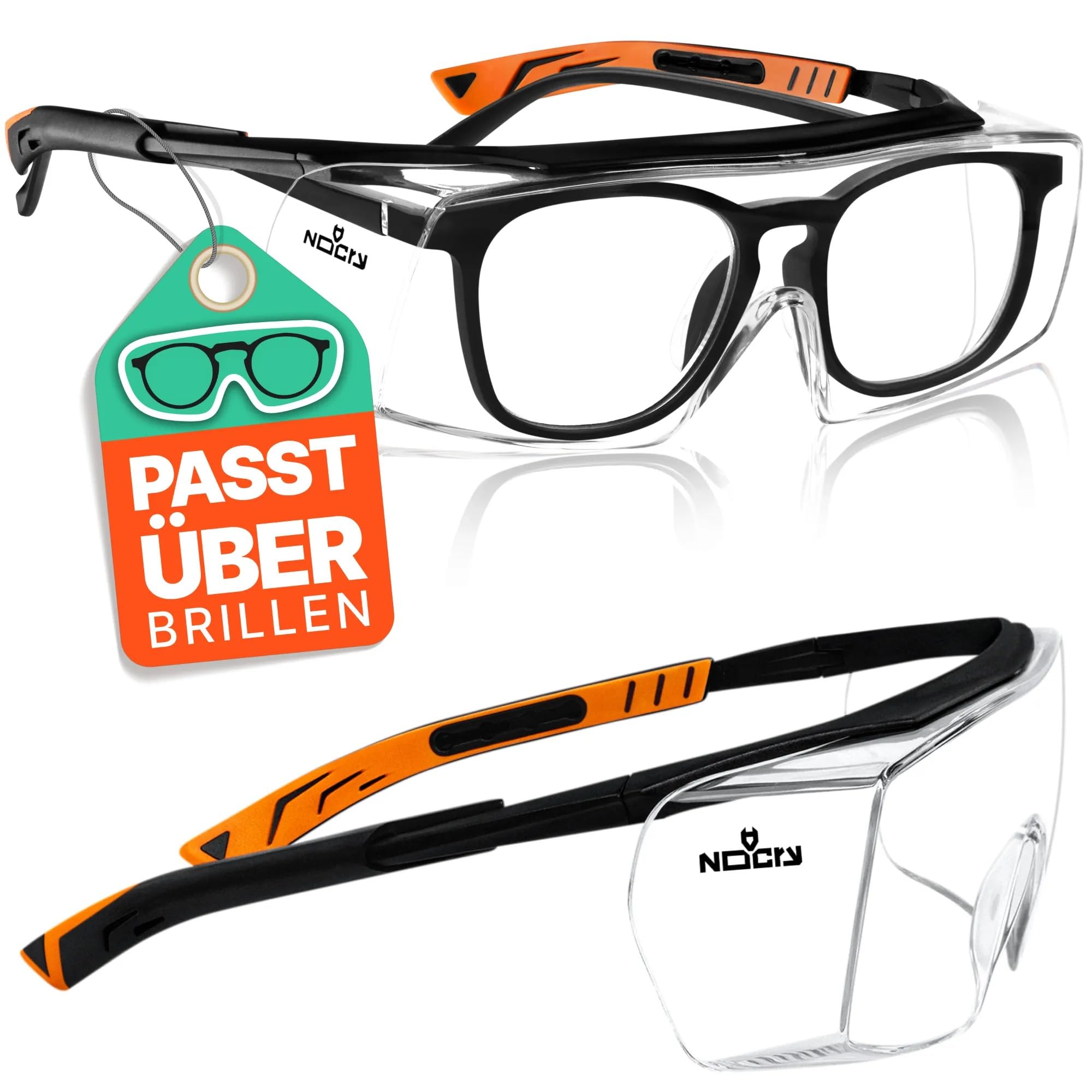 NoCry Sicherheits-Überbrille mit Kratzbeständigen Gläsern, Seitenschutz, Verstellbaren Bügeln, 400 UV-Schutz, schwarz oranger Rahmen und EN166, EN170, EN172, EN175 Zertifiziert