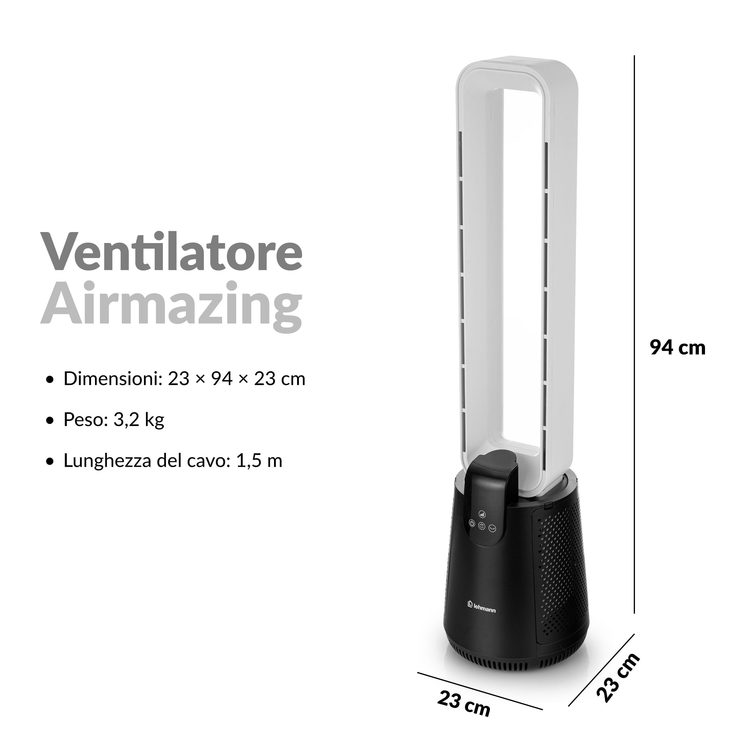 LEHMANN Ventilatore a Torre senza Pale 2 in 1 con Purificatore d'Aria, 2 Filtri HEPA, Silenzioso Modalità Notte, Timer 1-12 h, Telecomando e Display LED, Oscillazione, Per Camera da Letto & Ufficio