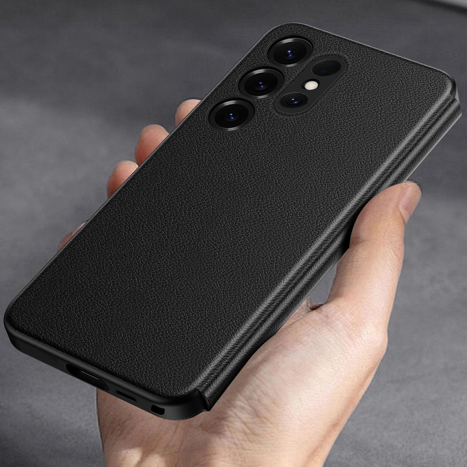 Skórzane etui do Samsung Galaxy S25 Ultra/S25 Plus/S25, etui z klapką Smart Wake Flip View, osłona obiektywu bocznego, szare, S25 Ultra