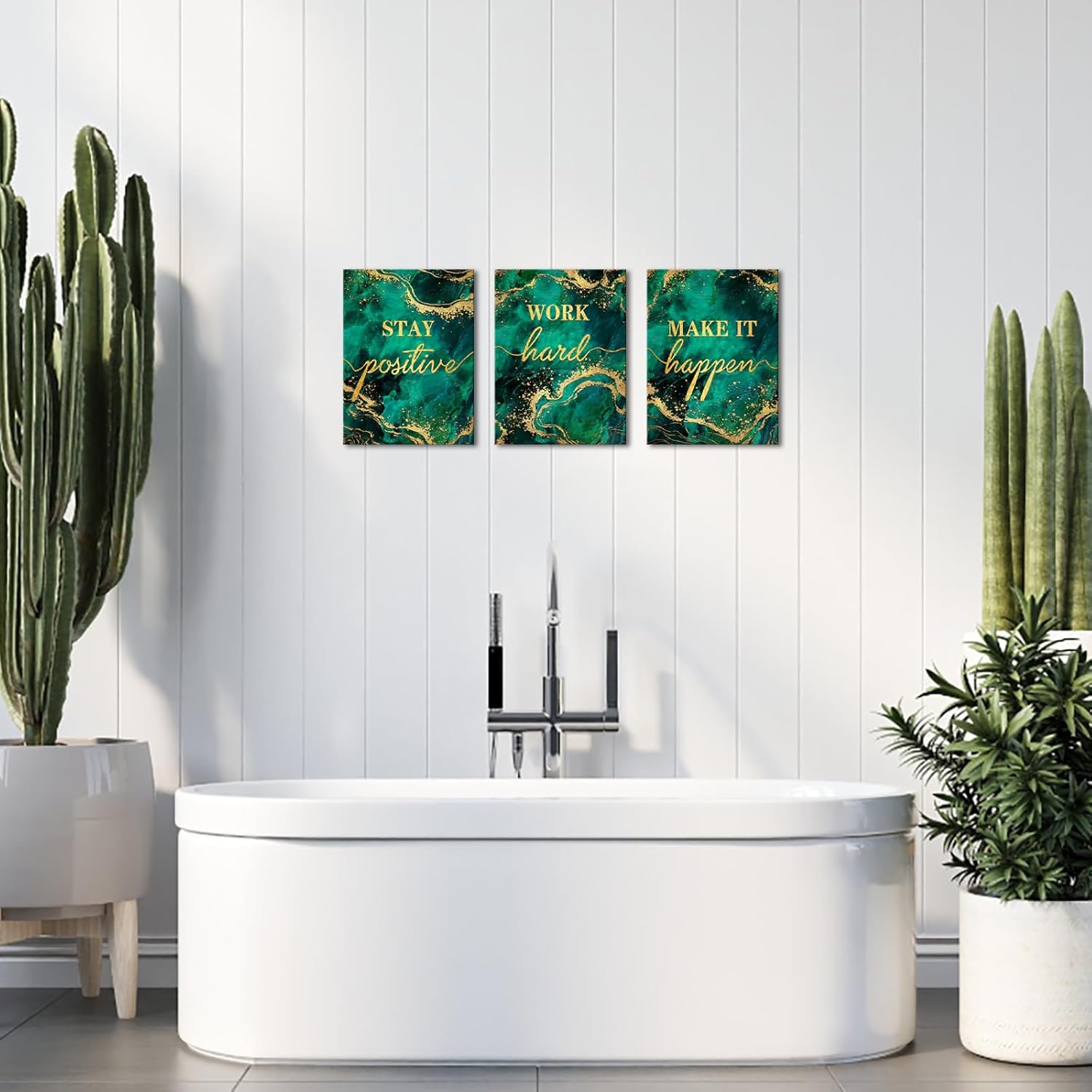 LevvArts Inspirational Wall Art Canvas Stay Positive Work Hard Make It Happen Sign Painting Modern Home Office Green and Gold Decor (Green)