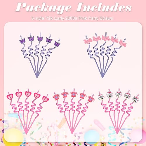 Miniatura 3 de Zubebe Paquete de 25 pajitas rosadas de principios de los años 2000 para adolescentes, pajitas tontas coloridas con temática de Y2k, decoración de
