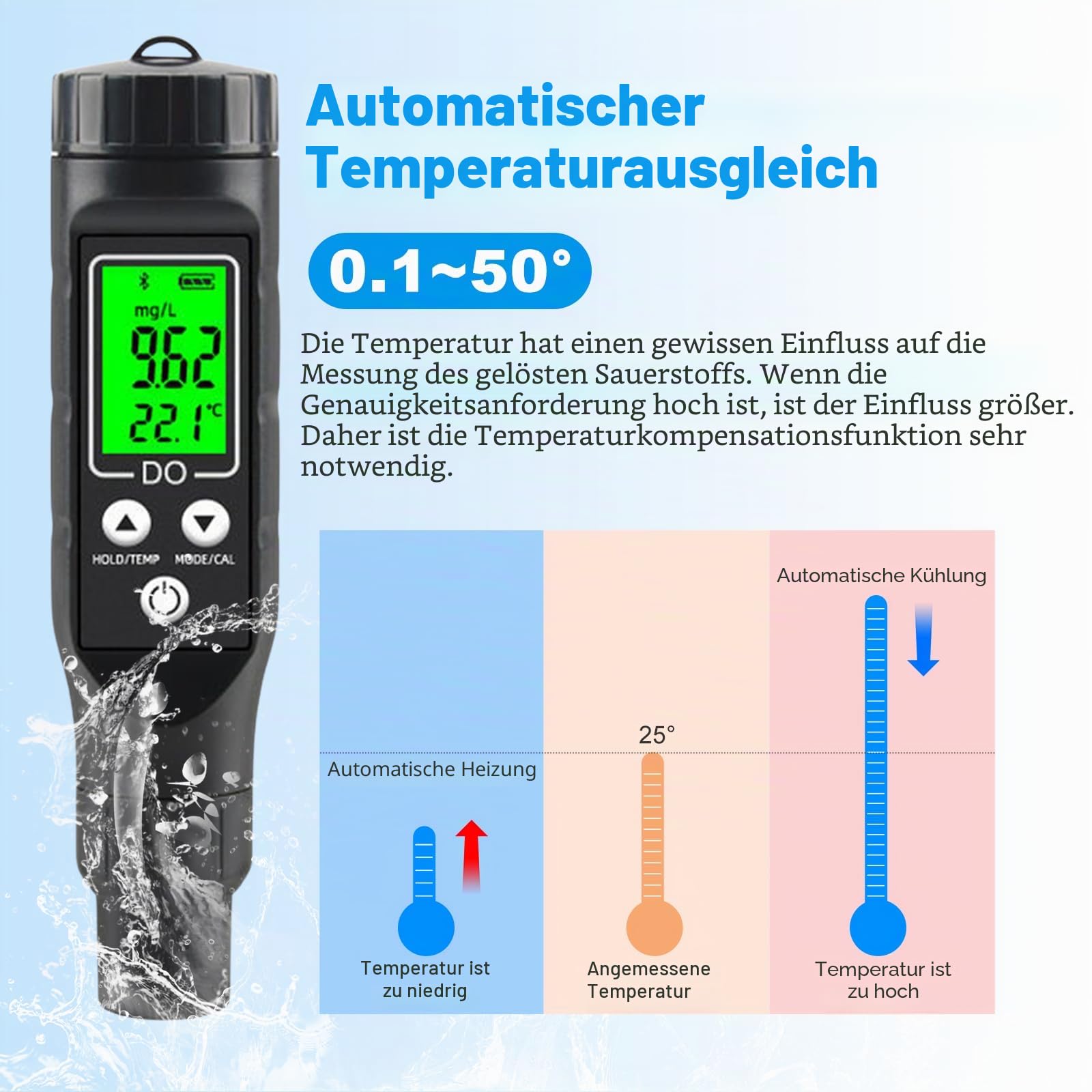 BuyWeek Messgerät für Gelösten Sauerstoff, Smart Bluetooth Analysator für Gelösten Sauerstoff 0,0-30,0 mg/L Digitaler DO Messgerät für Aquarium Aquakultur