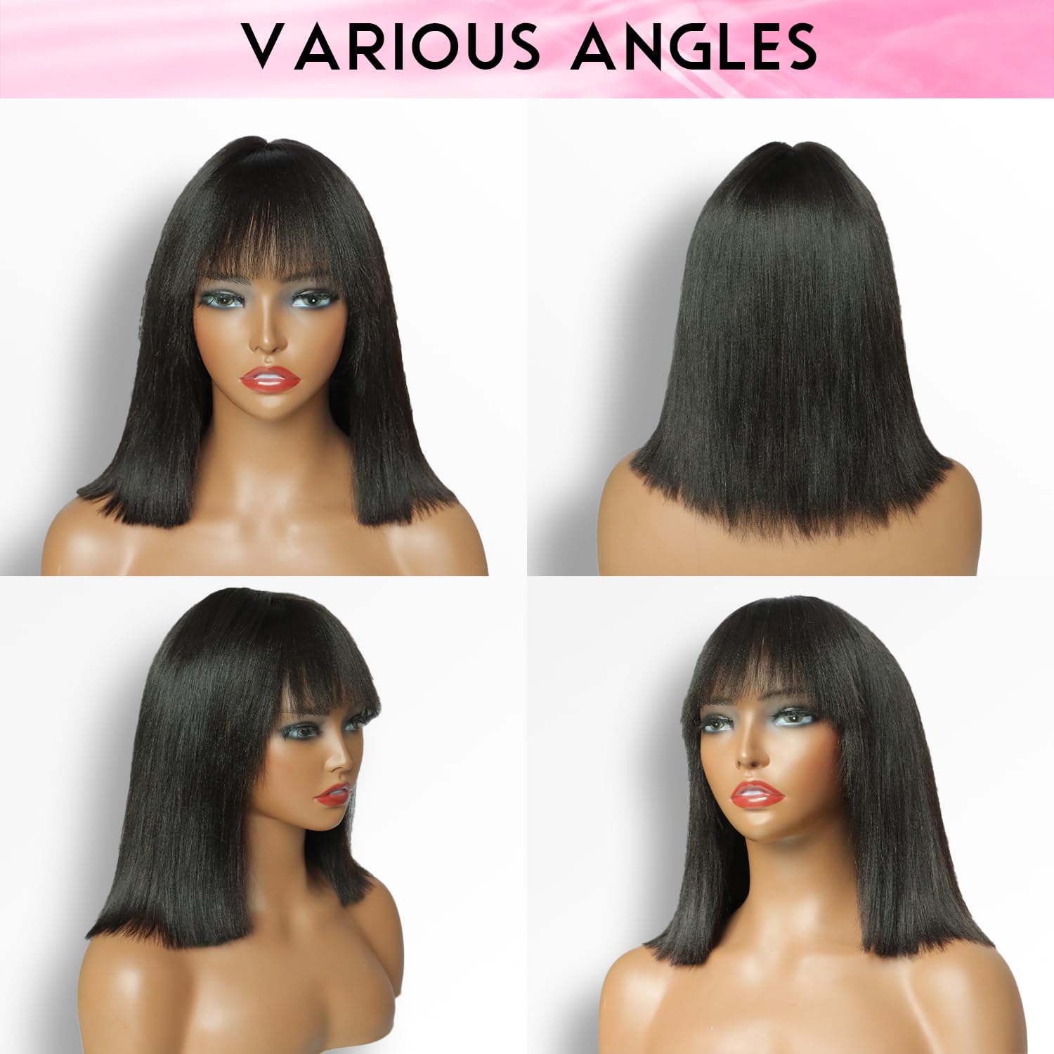 10 Inch Yaki Straight Bob Wig Human Hair with Bangs Ready to Go Short Blunt Cut Black Wigs 1X4 HD Lace Closure 200% Density Bob Wigs with Breathable Cap for Women