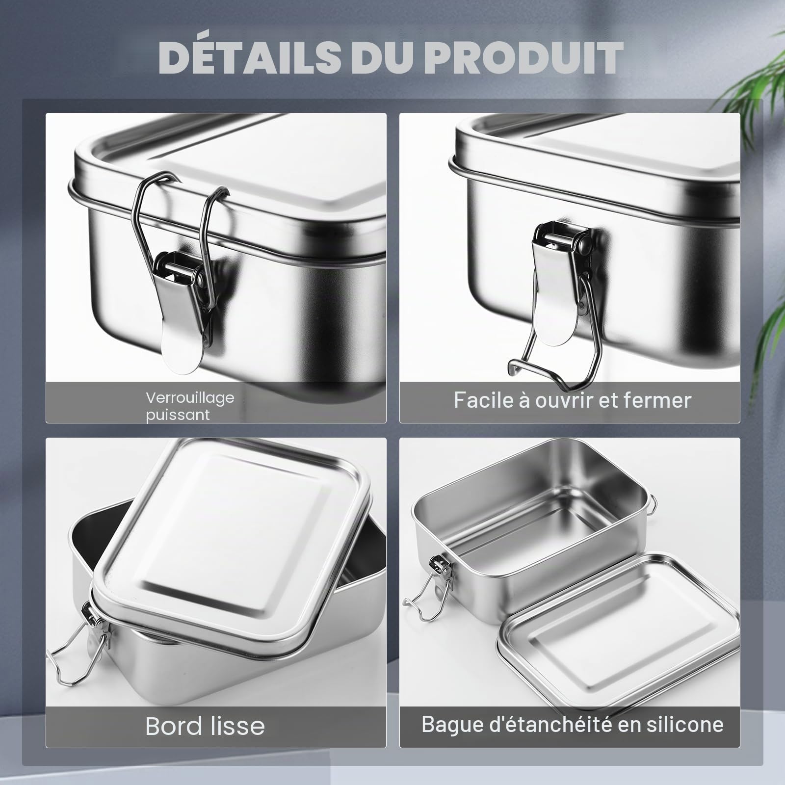 Umigy 4 boîtes en acier inoxydable Boîtes à repas Bento Boîtes à déjeuner en acier inoxydable Boîtes de conservation alimentaire en métal, clips verrouillables pour éviter les fuites, boîtes à