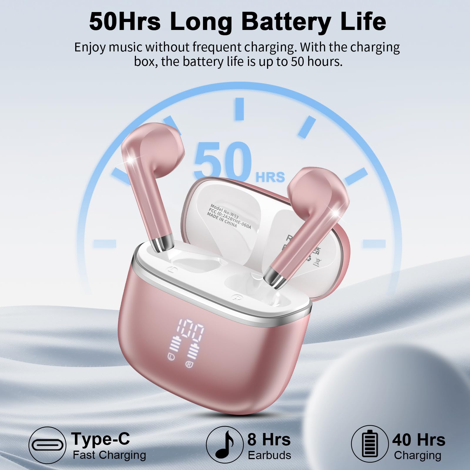 Cuffie Bluetooth, Auricolari Bluetooth 5.4 Cuffie Wireless In Ear con microfono stereo ENC HD, cuffie wireless bluetooth 50H, Cuffiette Wireless IP7 Impermeabile con Display LED, Oro rosa