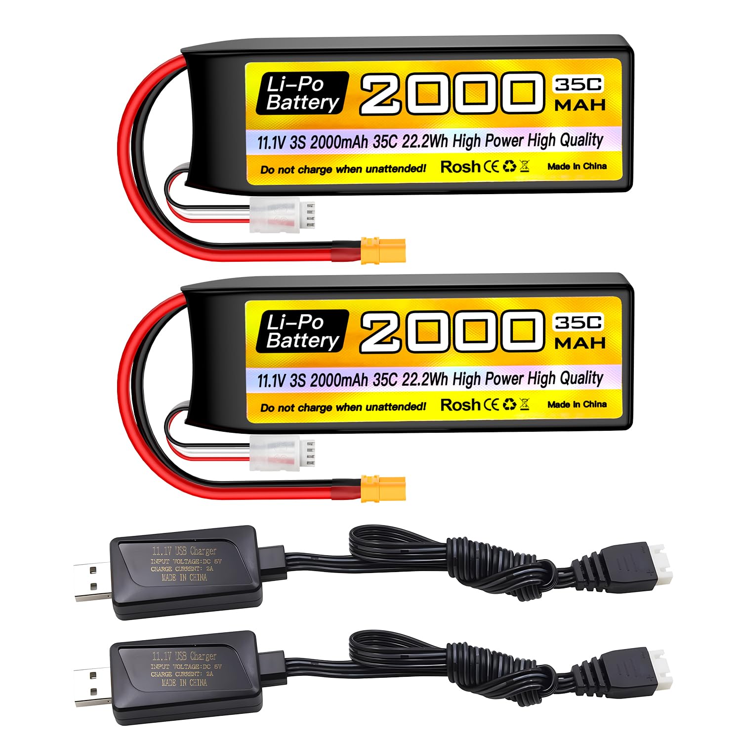 2PCS 3S Lipo11.1V 2000mAh 35C Batería con Enchufe XT30 con Cable de Carga USB para Buque de Control Remoto de Camiones automotrices RC vehículo de Cuatro rotores RC dron FPV