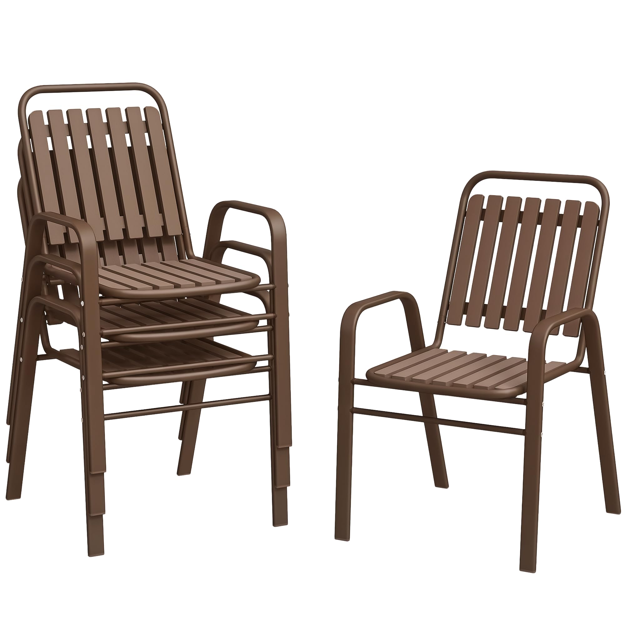 Outsunny Set 4 Sedie da Giardino Impilabili con Schienale Alto e Braccioli, Sedie da Esterno in Plastica PP e Acciaio, da Patio, Balcone, Terrazza, Esterno e Interno, 56x66x91 cm, Marrone Scuro