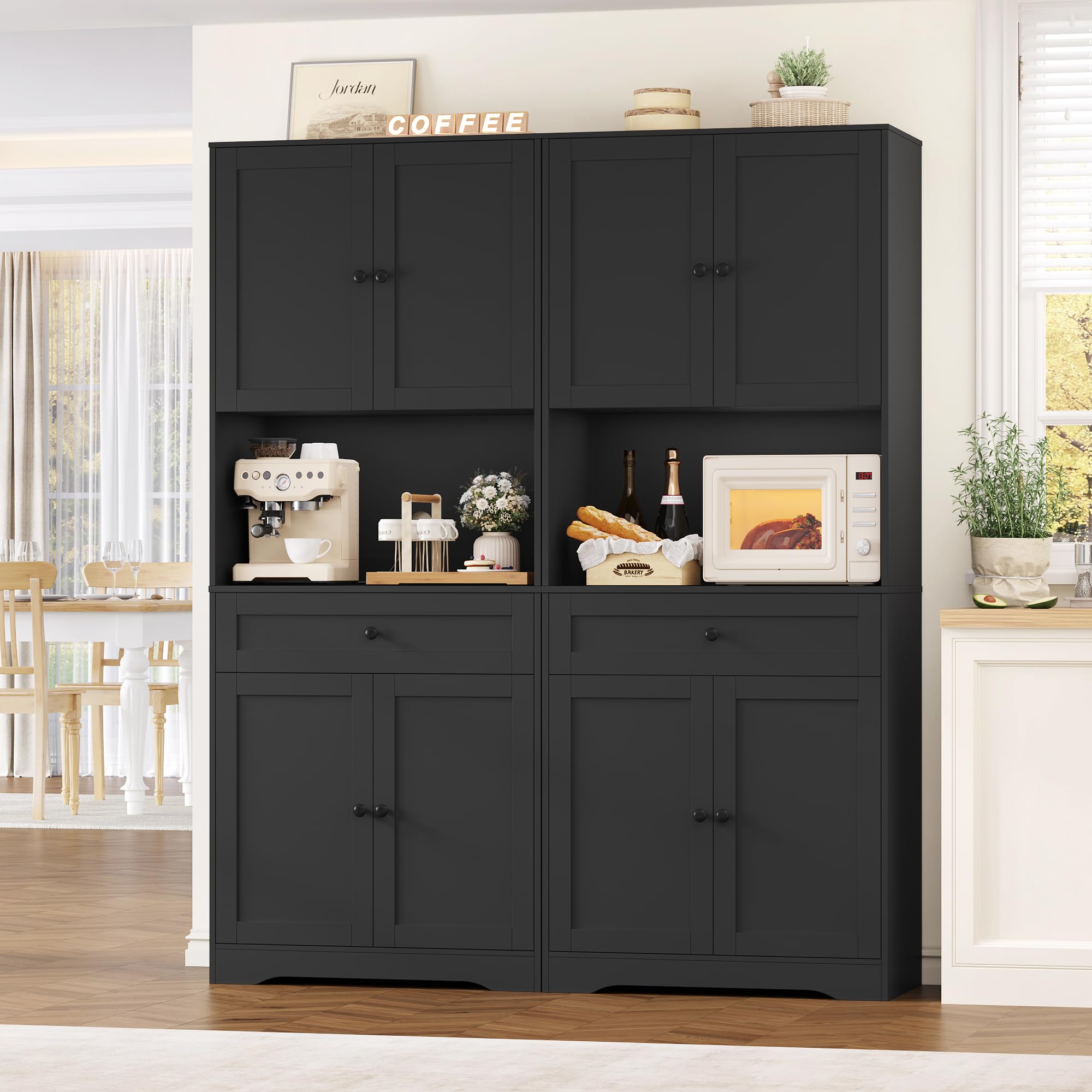 FOREHILL Credenza Cucina Alta 180CM, Mobile Dispensa Cucina con 4 Ante, Credenza Alta con Ripiani Regolabili e Grande Cassetto, Per Cucina, Bagno, Soggiorno, 75x40x180cm (Nero)