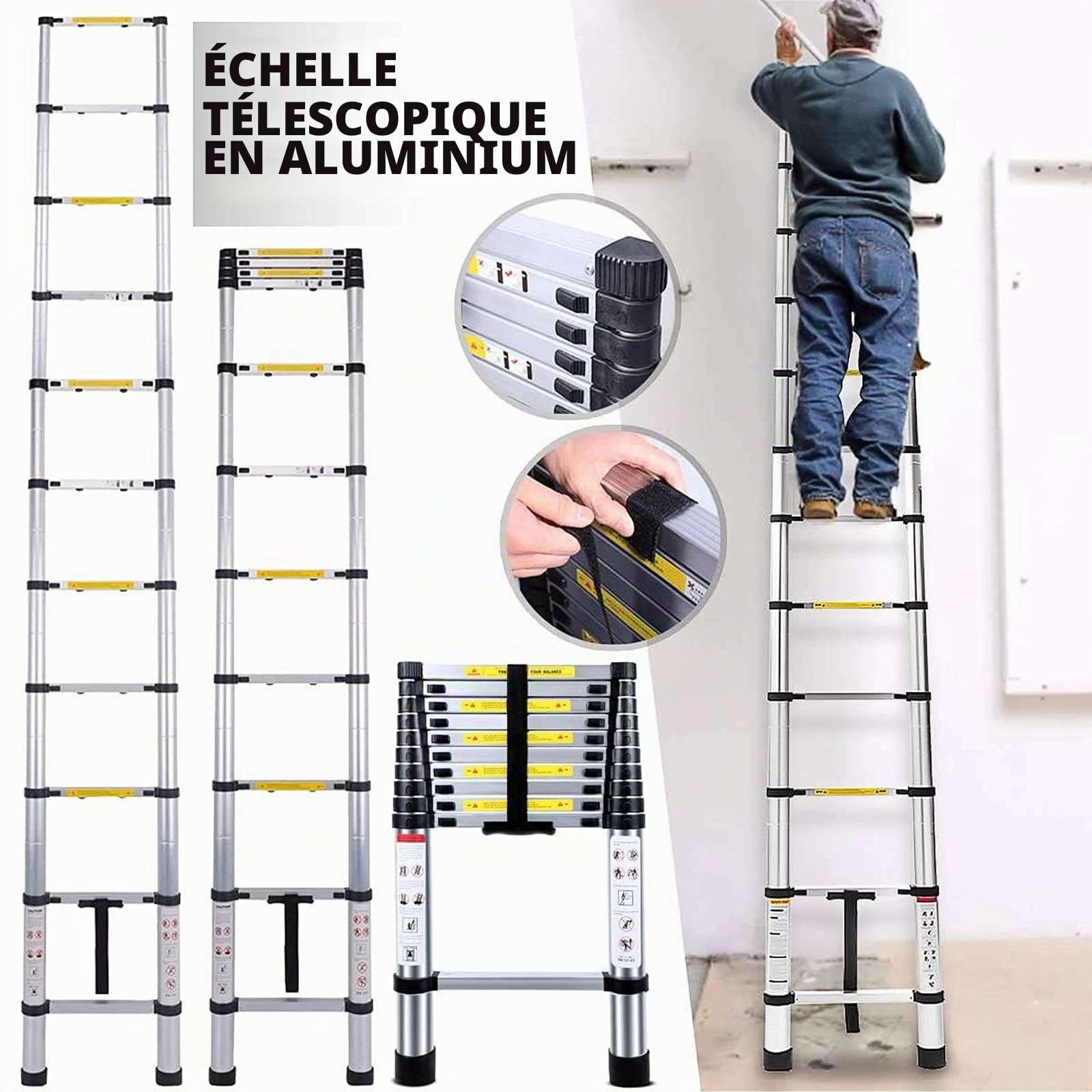 Échelles télescopiques de 3,8 m en aluminium extensible, léger, multifonction, gain d’espace pour bureau à domicile, jardin, loft