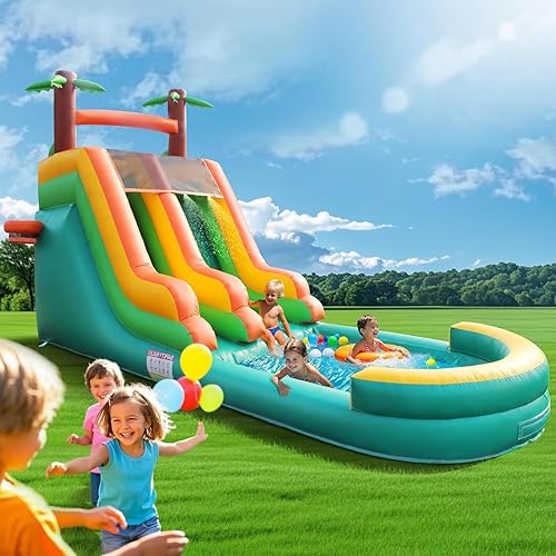 Inflatable Water Slide for Kids & Adults, 26FT 100% PVC Waterslide with Big Splash Pool, Widen Slide with Shallow Pool, 1100W Air Blower, Ideal for Backyard, Park (Green Coconut Tree Design) 2