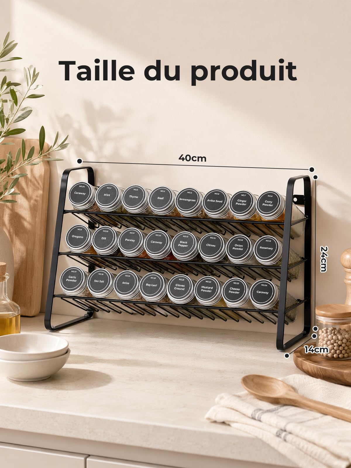 FOHERE Rangement Epices Cuisine à 3 Niveaux avec 24 Bocaux en Verre