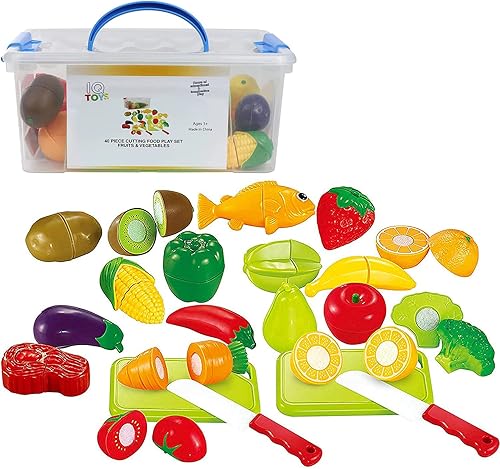 IQ Toys Juego de 35 piezas para cortar frutas y verduras con 2 cuchillos y accesorios para tablas de cortar en contenedor de almacenamiento