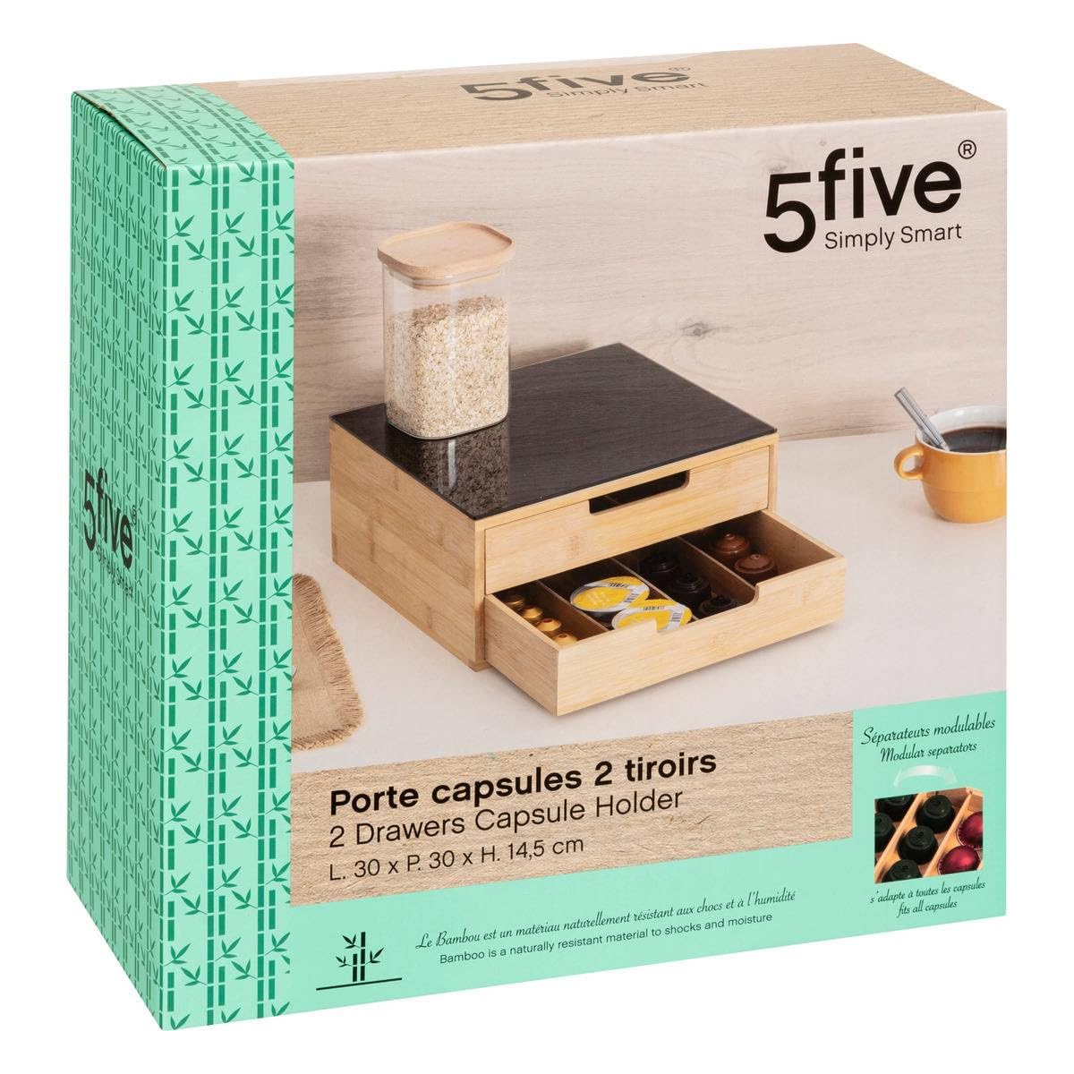 5five - Soporte para cápsulas de bambú negro (30 x 30 x 14,5 cm), bambú, 2 cajones, divisores ajustables - Soporte para cafetera, almacenamiento de cápsulas