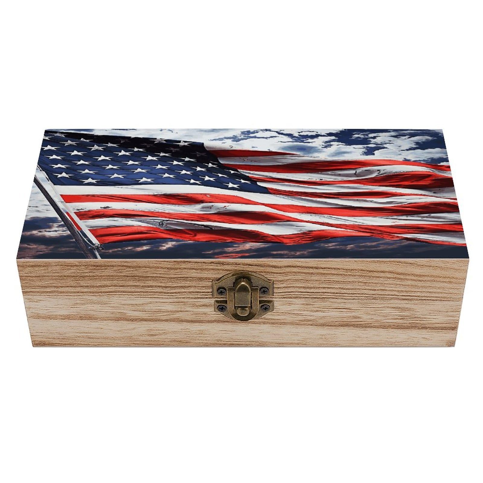 VstaDank US Flag Wooden Keepsake Box with Hinged Lid Solid Wood Gift Boxes Beautifully Keepsake Box Jewellery Organiser Retro Memory Treasure Case with Lids Decorative Boxes