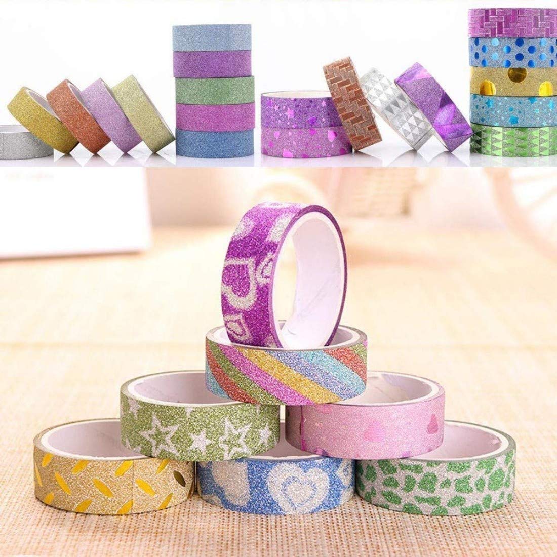 Colorful Decorative Sparkle Glitter Tape Rolls Different Types of Design for Art and Craft Work Pack of 36-image-34