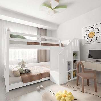 Jtyca Bunk Bed for Kids, Single Cabin Bed with Storage and Stable Railings, Twin Sleeper Bunk Beds with Stairs and Storage Cabinets for Children, Solid Pine Wood, 3FT-90 x 190cm, White, (No Mattress)