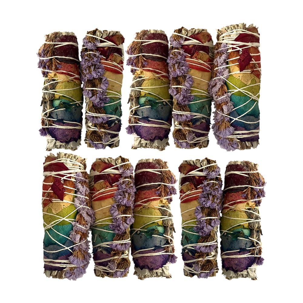 Smudge Stick, White Sage, 7 Chakra Petals and Purple Sinuata 4", Pack of 10
