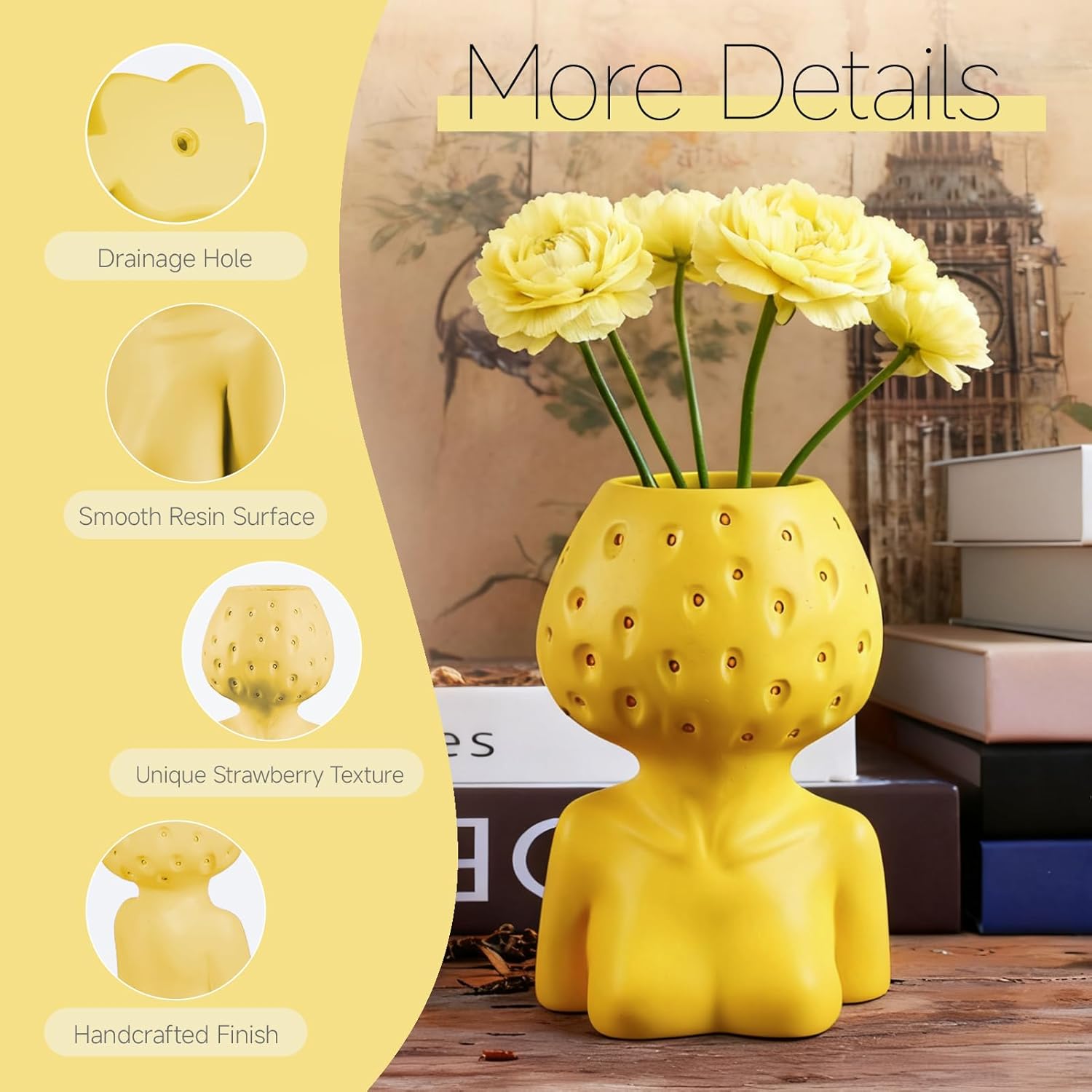 Face Planter Head Planter Pot, Female Form Face Vase Art Vase with Drainage Hole, Resin Flower Pot for Indoor Outdoor Plants Succulents Decorative Home Decor Gift, Yellow