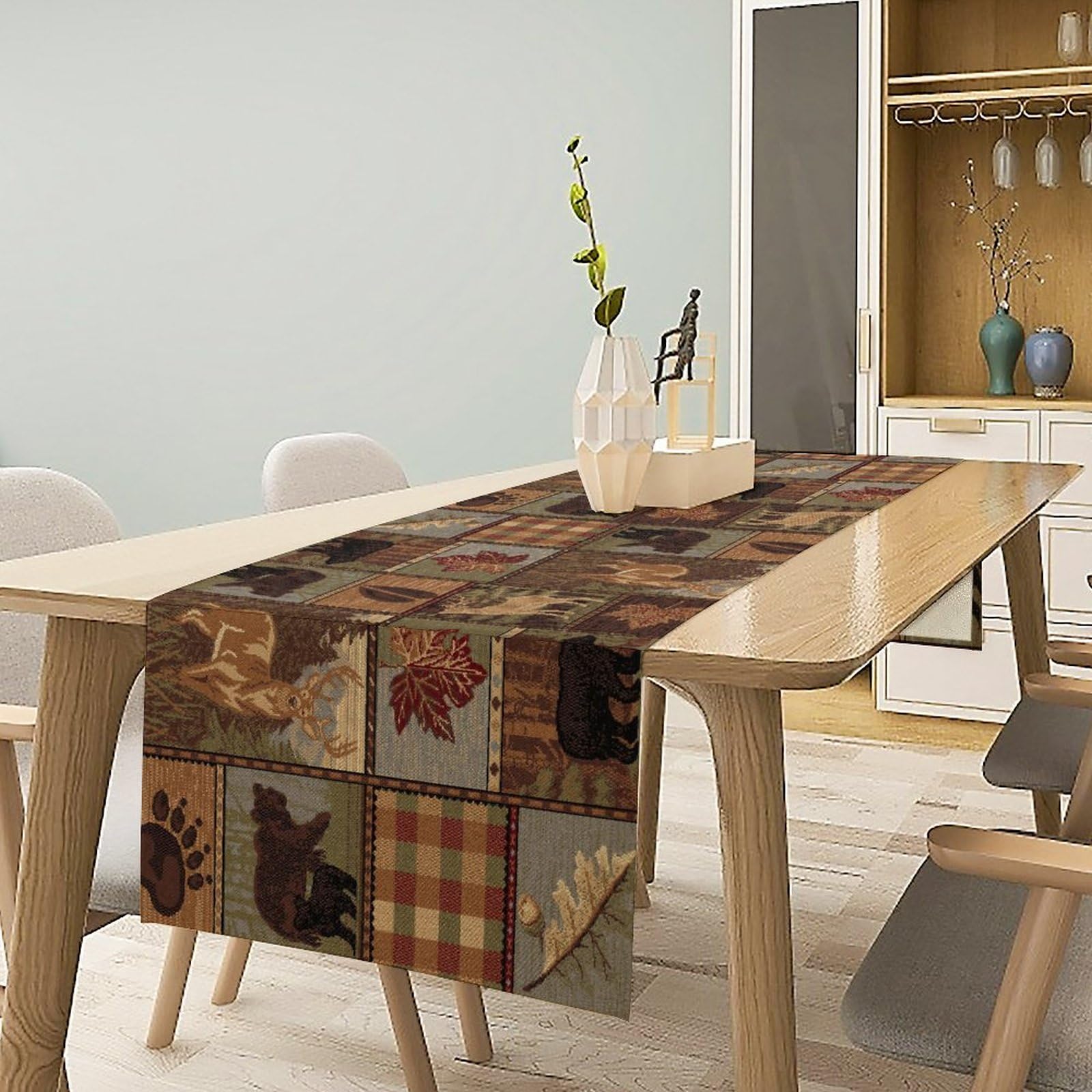 Rustic Moose Deer Bear Table Runner, Retro Vintage Bear Cottage Country Style Cabin Farmhouse Dinner Runner for Home Kitchen Dining Table Decoration 13