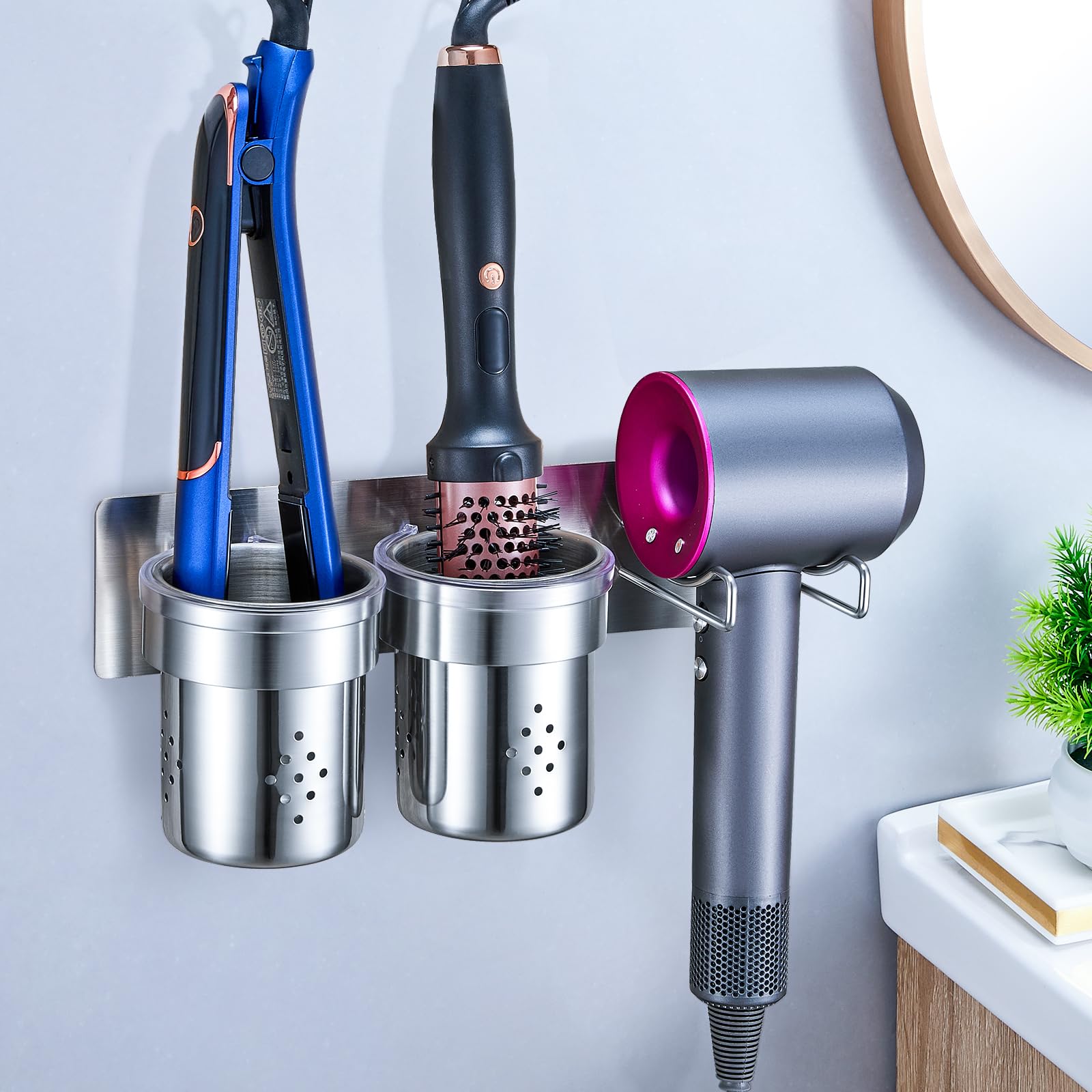 Organizer per strumenti per capelli, supporto da parete, supporto per ferro arricciacapelli, asciugacapelli e piastra (argento)