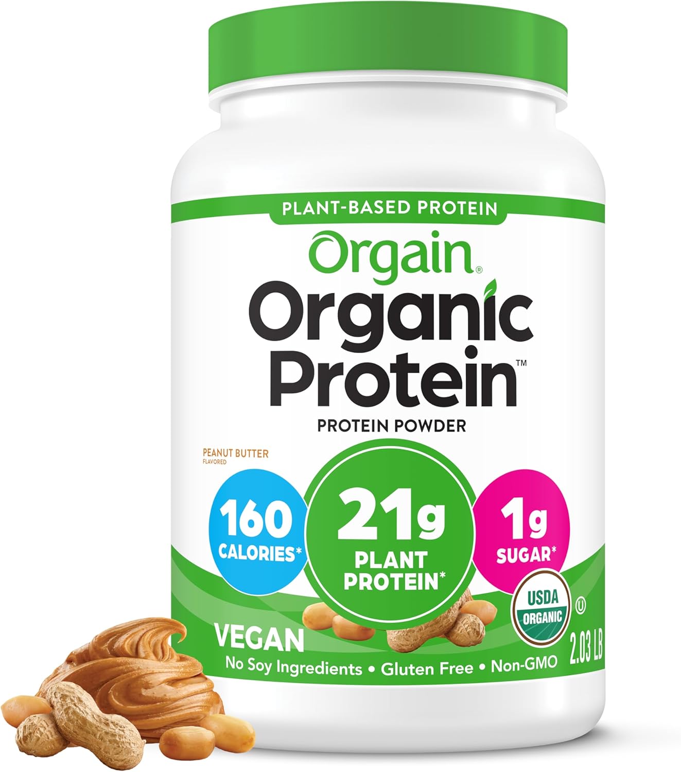 Orgain Organic Vegan Protein Powder, Peanut Butter - 21g Plant Protein, 7g Prebiotic Fiber, Low Net Carb, No Dairy Ingredients, No Added Sugar, For Shakes & Smoothies, 2.03 lb (Packaging May Vary)