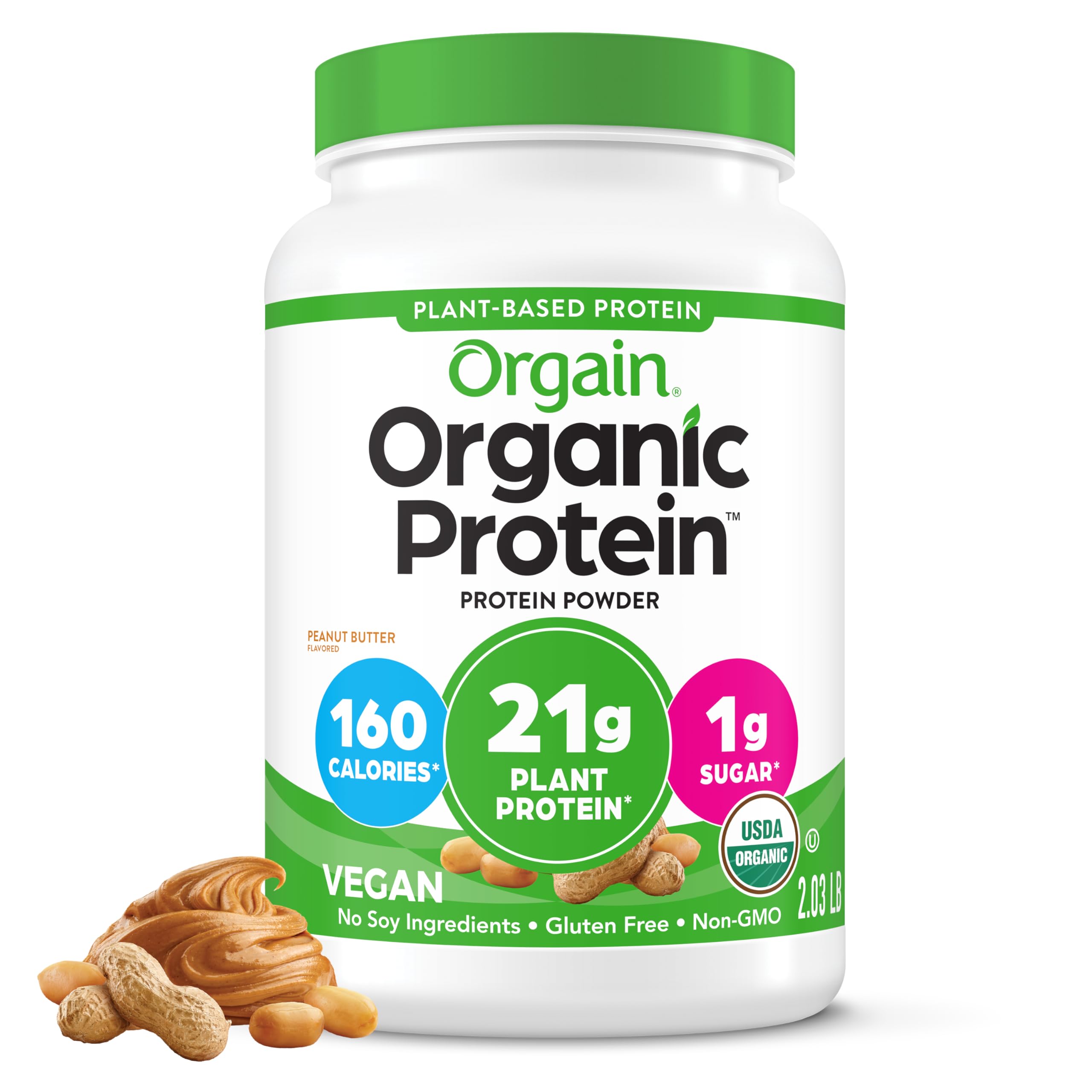 Orgain Organic Vegan Protein Powder, Peanut Butter - 21g Plant Protein, 7g Prebiotic Fiber, Low Net Carb, No Dairy Ingredients, No Added Sugar, For Shakes & Smoothies, 2.03 lb (Packaging May Vary)USDA Organic