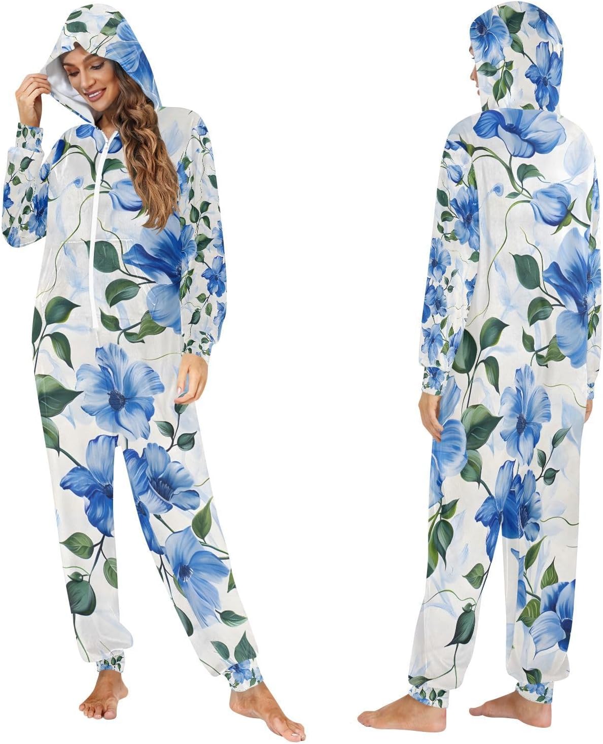Blue Flowers Green Leaf White Unisex Adult Onesie Pajamas Comfy One Piece Costume Jumpsuits Novelty Sleepwear Homewear for Men Women