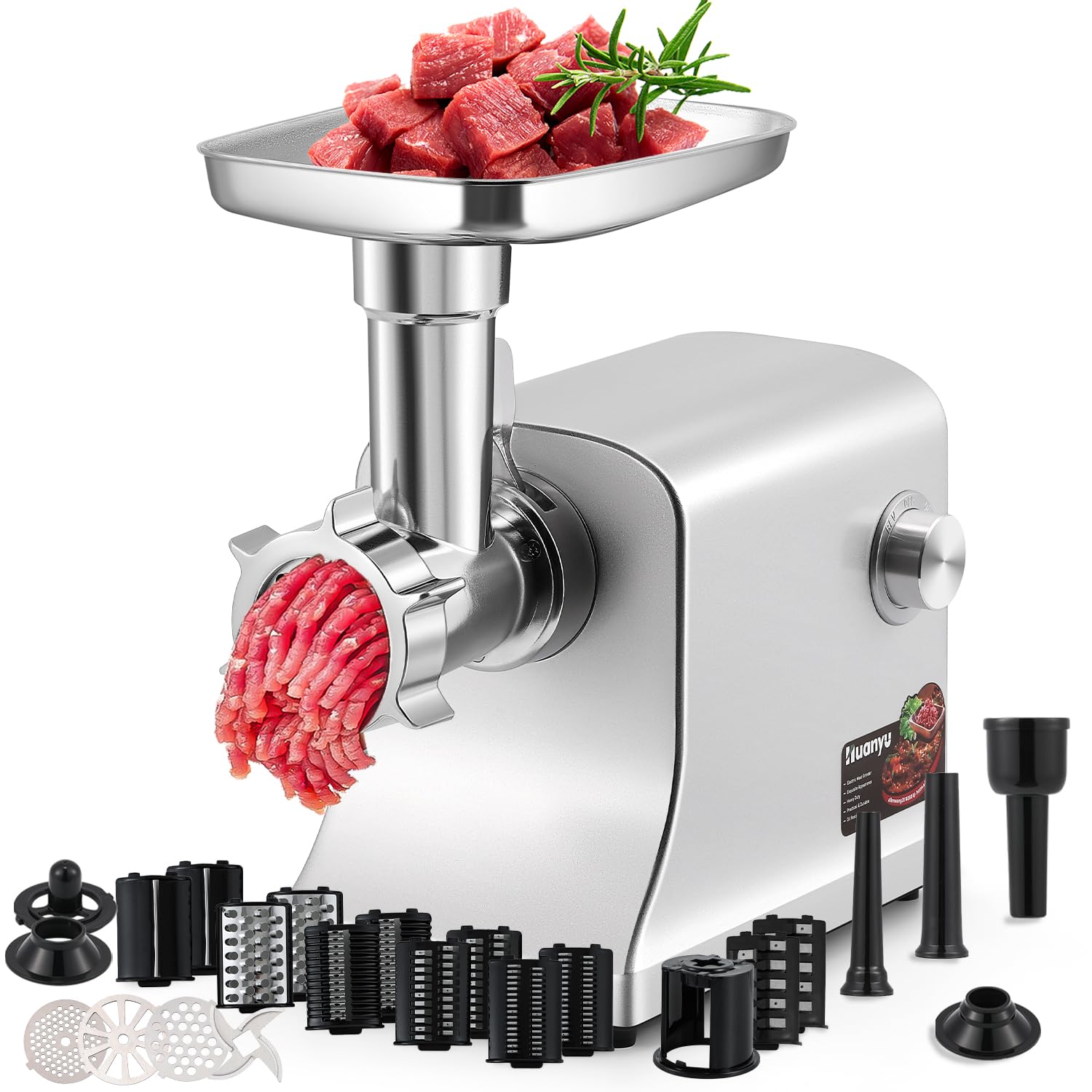 Trituradora eléctrica de carne de 2800 W con 5 juegos de cuchillas de acero inoxidable, hoja de fritura francesa, 3 rellenos de salchichas, kits de Kubbe, máquina de molienda resistente para el