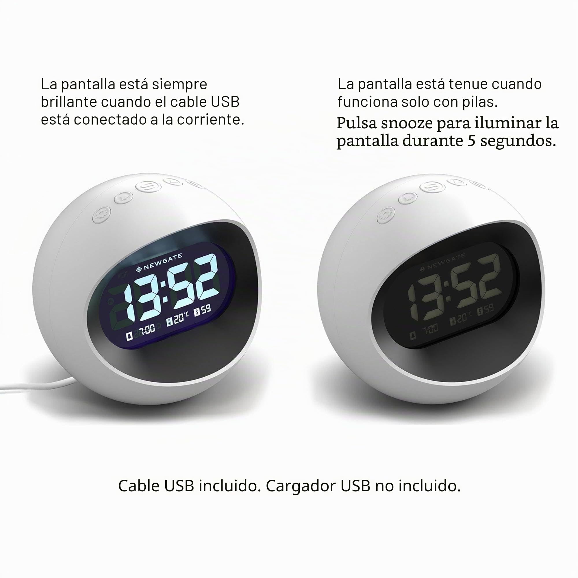 NEWGATE® Centre of The Earth Despertador | Reloj LCD Digital Retro Redondo | Blanco | Ideal para la mesilla, Escritorio o estantería | Accesorio Retro para dormitorios y oficinas
