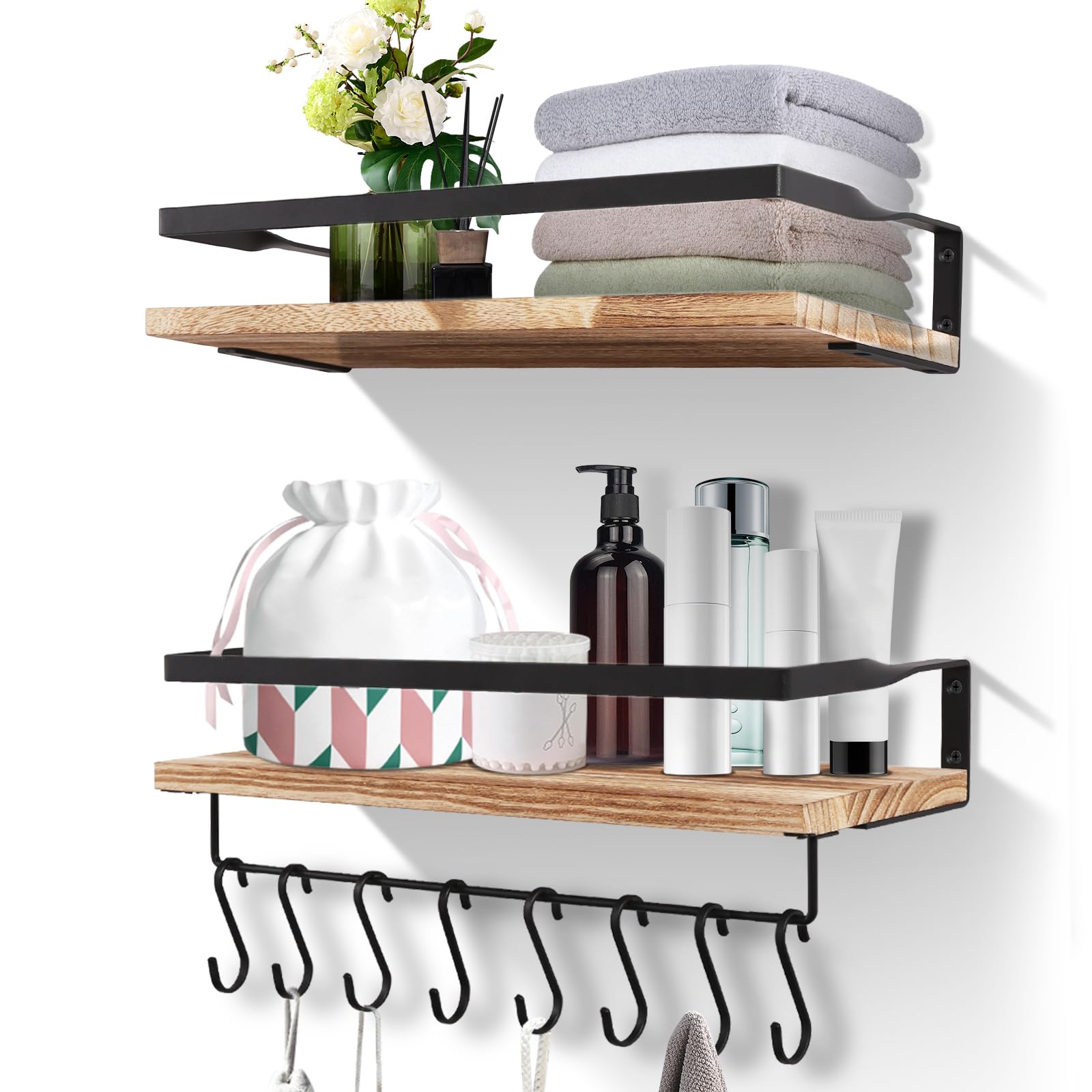 Uten Floating Shelves Wall Mounted Shelf, Light Brown Solid Shelf, Wooden Shelves Set Spirit Level, Towel Bar 8 Hooks for Bedroom, Living Room, Office, Kitchen Storage & Organisation