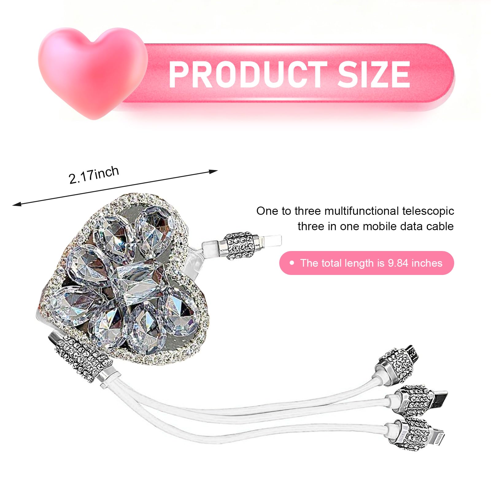 Multi Ladekabel, 3 in 1 Bling Strass Einziehbares Auto Ladekabel mit Typ-C/Lightning/Micro USB Steckern, Universal Sparkly Auto Innenraum Zubehör (Weiß)