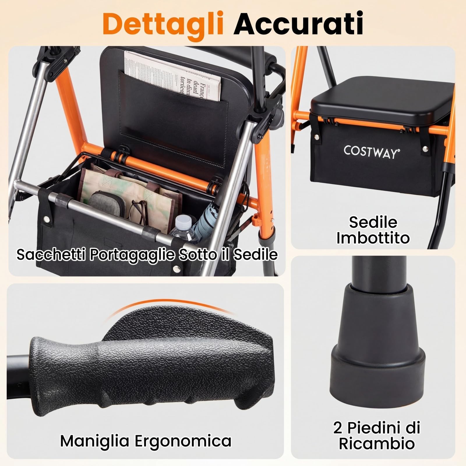 COSTWAY Deambulatore per Anziani Pieghevole 2 in 1 con Seduta a 3 Livelli | Rollator Portatile con Sacchetti Portaoggetti e Impugnatura Ergonomica da Interno ed Esterno