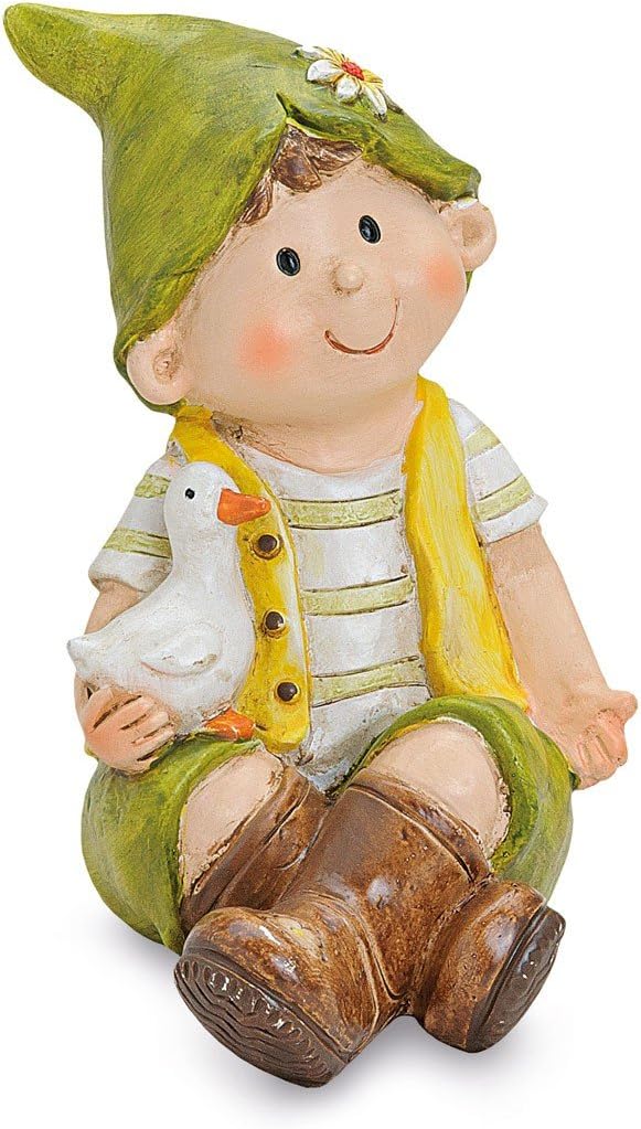 Decorative Polystone Fairy Ornament Sitting Boy with Hat and Goose in the arm green yellow 10X14X18 cm, nice garden statue garden ornament