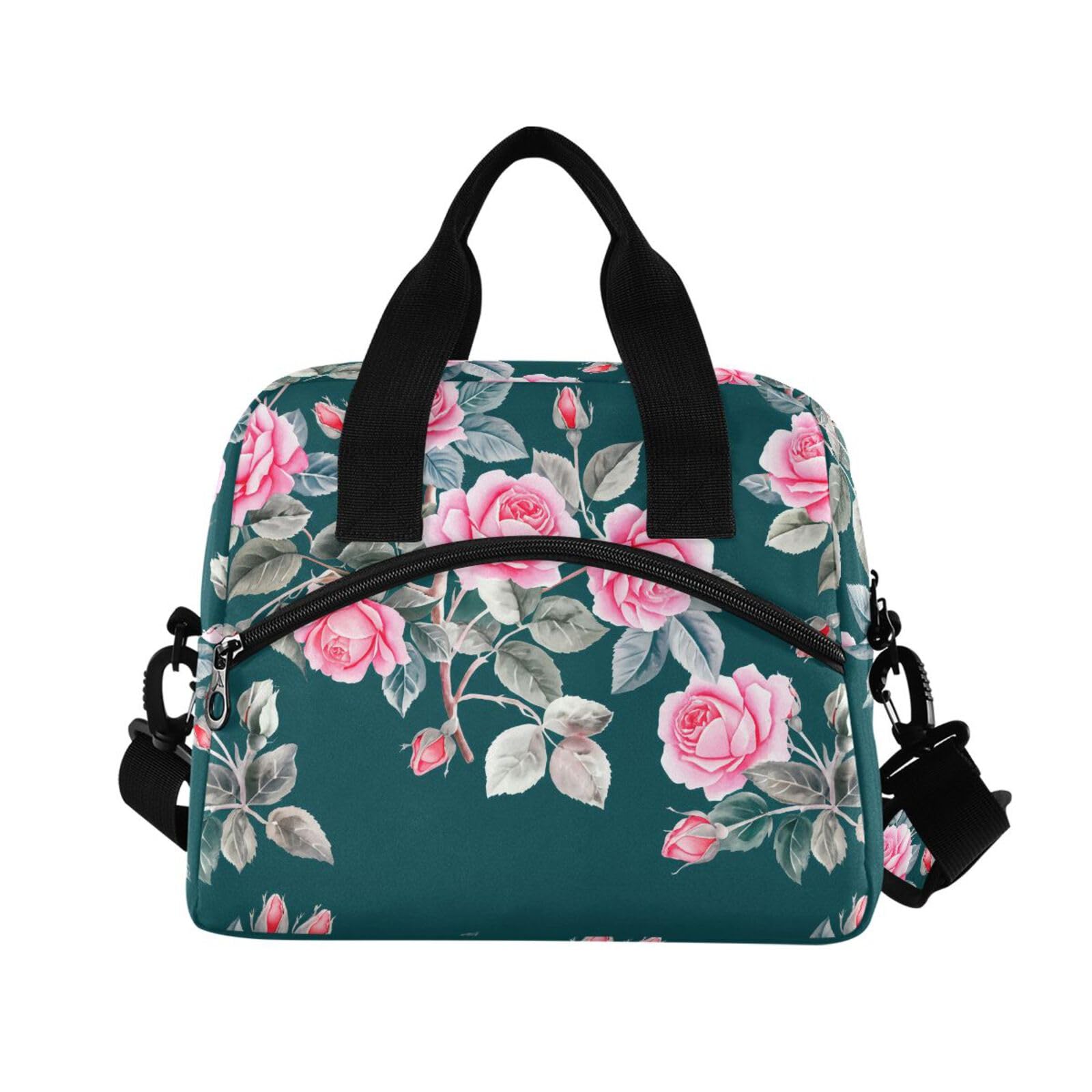 Sinestour Insulated Lunch Bag Reusable Cooler Pink Rose Branch Lunch Box Adjustable Shoulder Strap for School Office Picnic