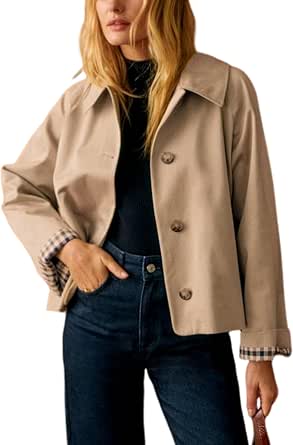 Women Oversized Plaid Lining Trench Coat with Lapel and Pockets